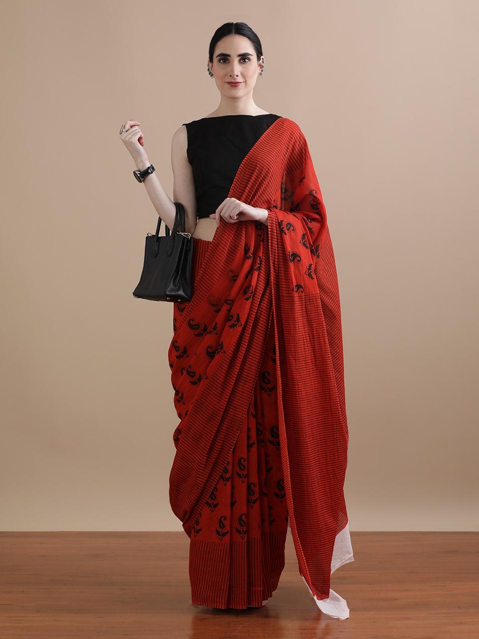 Ruh – Rust Red Hand Block Printed Mulmul Cotton Saree