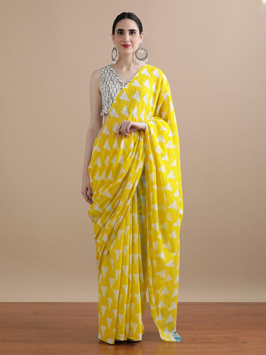 Naari - Yellow Mulmul Cotton Saree with White Hand-Block Print