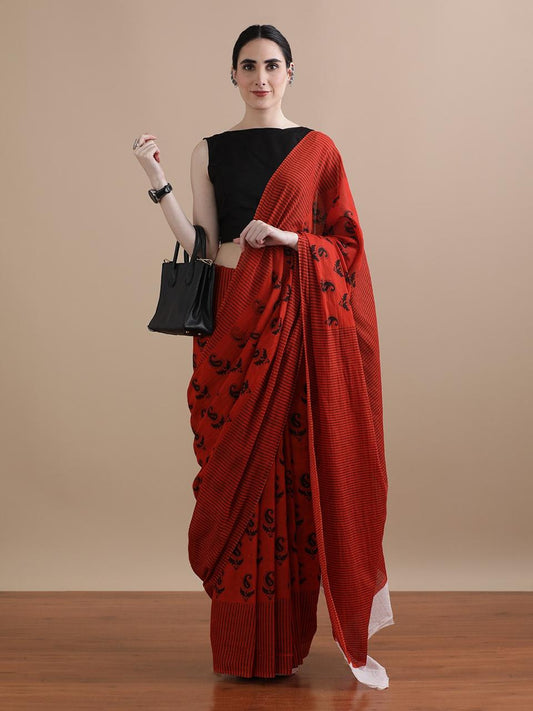 Ruh – Rust Red Hand Block Printed Mulmul Cotton Saree