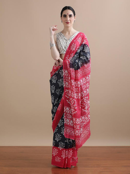 Raag – Crimson & Black Hand Block Printed Mulmul Cotton Saree
