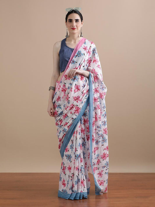 Phoolwari – Hand Block Printed Mulmul Cotton Saree