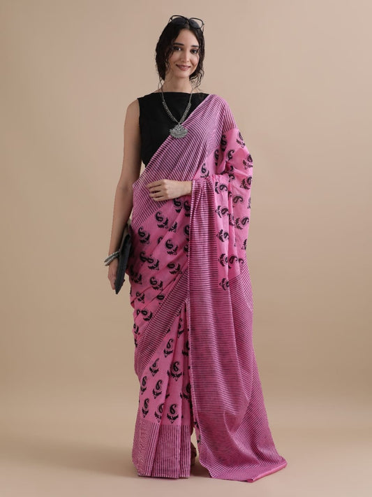 Ibaadat – Pink Handloom Cotton Saree with Black Paisley Motifs
