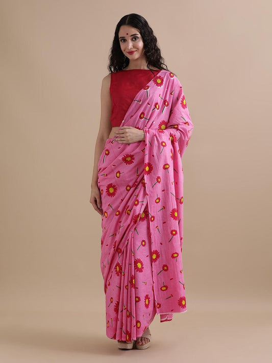 Phool – Pink Cotton Saree with Yellow Floral Hand Block Print