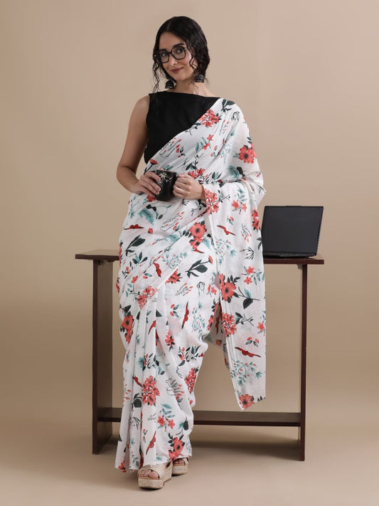 Rozana – White Floral Cotton Saree with Multicolor Floral Print