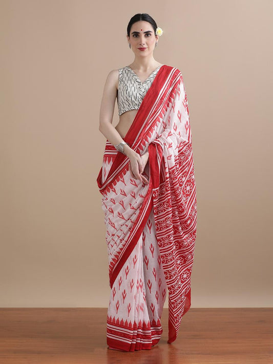 Devi: White Mulmul Saree with Red Handcrafted Prints