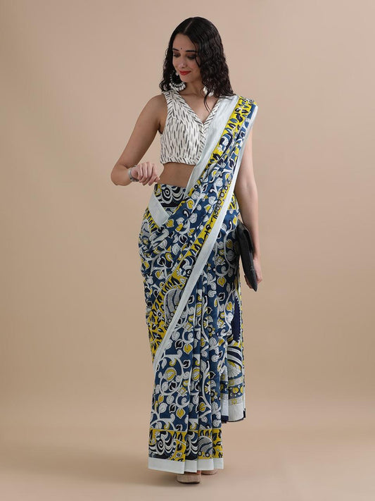 Vaidehi – Indigo Bloom Kalamkari-Inspired Handloom Cotton Saree