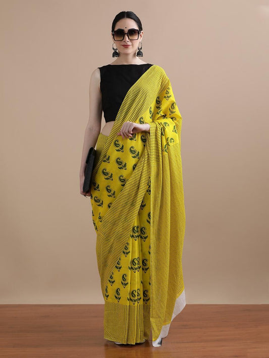 Kesar – Mustard Paisley Charm Handloom Cotton Saree