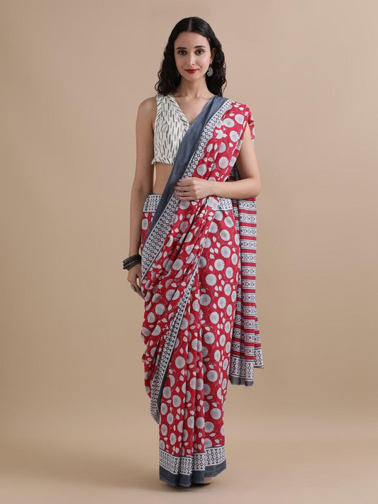 Ruhani – Red Bloom Block-Print Handloom Cotton Saree