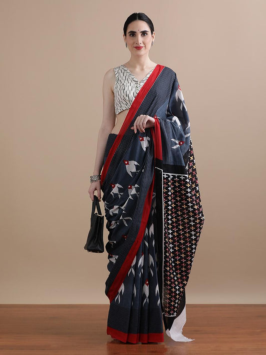 Mayura – Black Crane Ikat-Inspired Cotton Saree