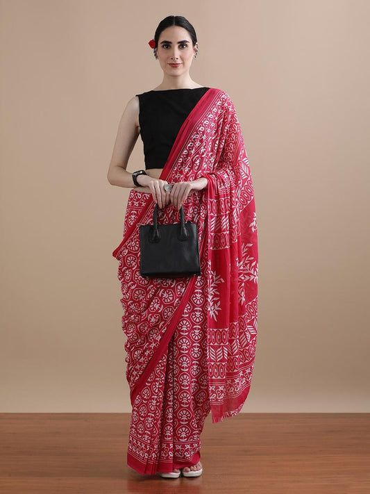 Gulabo- Pinkish Red Mulmul Cotton Saree with White Hand Block Prints