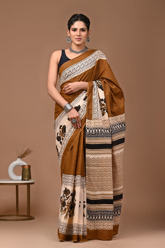 Raajo - Mulmul Cotton Saree in Light Tan with Off-White Floral Prints & Geometric Borders