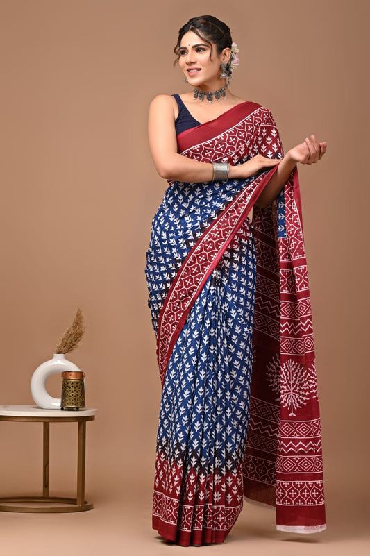 Vedika - Red-blue Tie-dye mulmul cotton saree with white hand block print