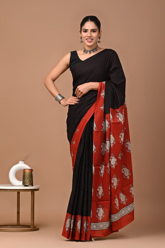 Naina - Black red  Mulmul Cotton Saree with White and black Hand Block Prints