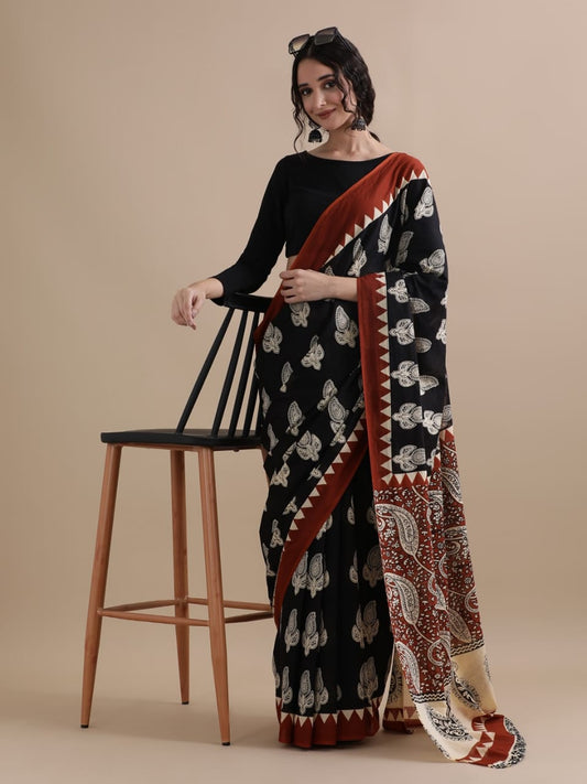 Neerja – Black Mulmul Cotton Saree with Rust Red Pallu & White Hand Block Print