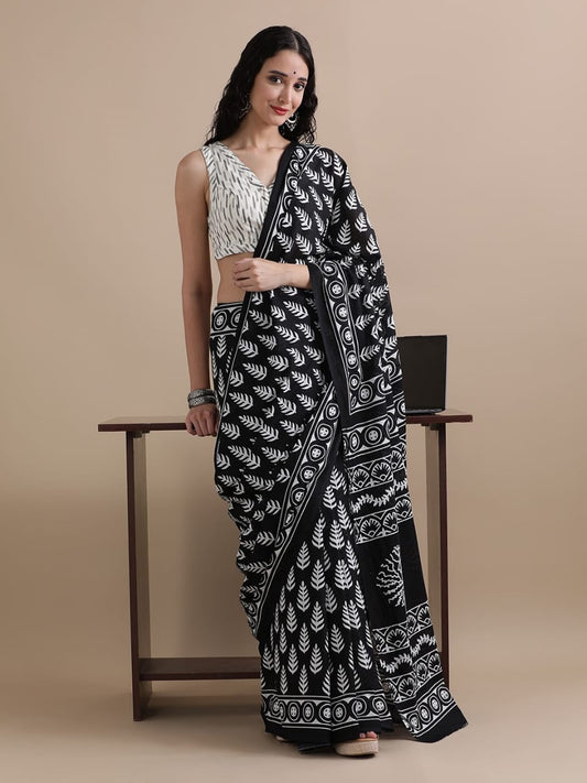 Devika – Black & White Hand Block Printed Mulmul Cotton Saree