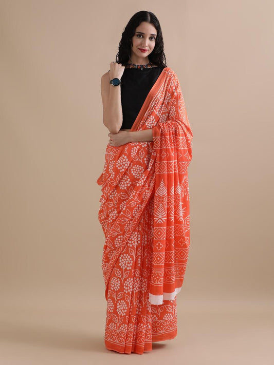 Taru – Tangerine Orange Hand Block Printed Mulmul Cotton Saree